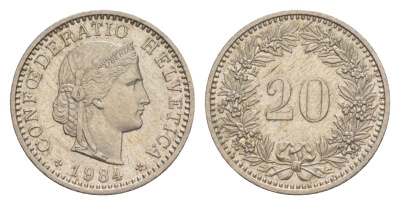 Швейцария 20 раппенов 1984 KM 29a медно-никель aUNC 4632-464