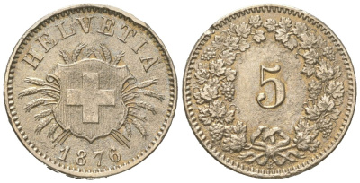 Швейцария 5 раппенов 1876 B, редкий год - тираж 989.000 экземпляров KM 5 серебро 1524-245