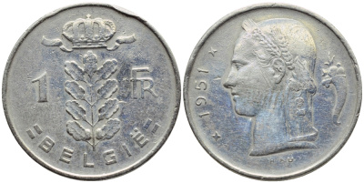 БЕЛЬГИЯ 1 ФРАНК 1951 BELGIE KM 143.1 медно-никель 4390-352