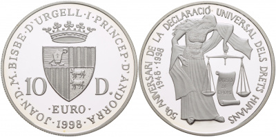 Андорра 10 динеров 1998 50 лет подписанию декларации по правам человека KM 143 серебро PROOF 1068-2-32