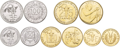 Западно-Африканские штаты лот из 5 монет 2011-2013 (5, 10, 25, 50 и 100 франков) UNC N2-29