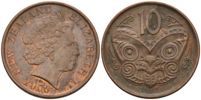 Новая Зеландия 10 центов 2006 Елизавета II (1952-2022), маска маори KM 117а сталь плакированная медью 117-1245