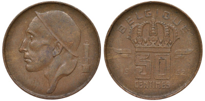 Бельгия 50 сантимов 1952 Belgique KM 144 бронза 4164-318