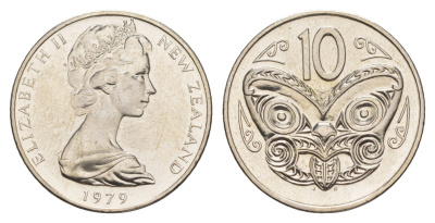 Новая Зеландия 10 центов 1979 Елизавета II (1952-2022), маска маори, тираж 25.000 экземпляров KM 41 медно-никель BU 4652-643