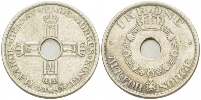 НОРВЕГИЯ 1 КРОНА 1949 ХОКОН VII (1905-1957) KM 385 медно-никель 77-446