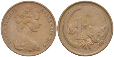 АВСТРАЛИЯ 1 ЦЕНТ 1979 ЕЛИЗАВЕТА II, МОЛОДОЙ ПОРТРЕТ, ОПОССУМ KM 62 бронза 4532-516
