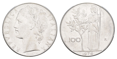 Италия 100 лир 1976 R, Афина в доспехах KM 96.1 нержавеющая сталь 4556-243