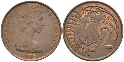 Новая Зеландия 2 цента 1975 Елизавета II (1952-2022), два цветка кохаи KM 32.1 бронза    4602-643