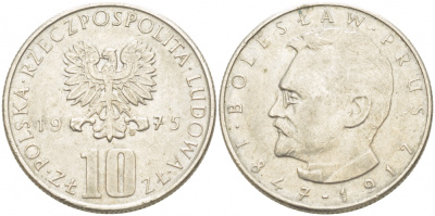 Польша 10 злотых 1975 MW, Болеслав Прус KM 73, Parchimowicz 242a медно-никель 77-416