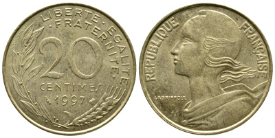 ФРАНЦИЯ 20 САНТИМОВ 1997 KM 930 медь алюминий никель 93-1354