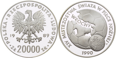 Польша 20000 злотых 1989 MW, чемпионат мира по футболу в Италии 1990 года, мяч и глобус KM 223, Parchimowicz 370 серебро PROOF 00-00