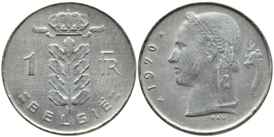 БЕЛЬГИЯ 1 ФРАНК 1970 BELGIE KM 143.1 медно-никель 4385-446