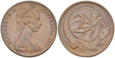 Австралия 2 цента 1977 Елизавета II (1952-2022), плащеносная ящерица (FRILLED LIZARD)  KM 63 бронза 4519-446