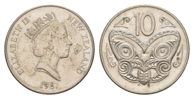 Новая Зеландия 10 центов 1987 Елизавета II (1952-2022), маска маори KM 61 медно-никель 4654-315