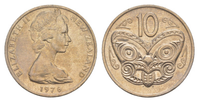 Новая Зеландия 10 центов 1976 Елизавета II (1952-2022), маска маори KM 41 медно-никель 4652-637