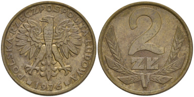 Польша 2 злотых 1976 Ленинградский монетный двор (ЛМД) KM 80.1, Parchimowicz 217b латунь 192-842
