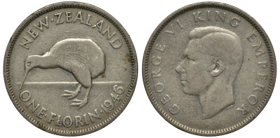 Новая Зеландия 1 флорин 1946 Георг VI (1936-1952), птичка киви KM 10.1 серебро 272-1634