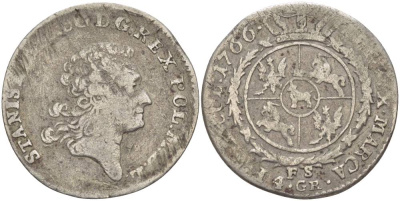 Польша 4 гроша (1 злотый) 1766 FS, Станислав II Август Понятовский (1764-1794), вес 4,98 гр. KM 185 (С50.1), Gumowski 2372, Kopinski 405.1 серебро 1517-425), Gumowski 2372, Kopinski 405.1 серебро 1517-425