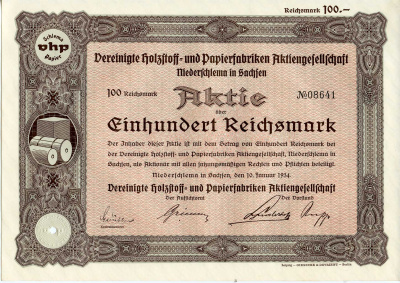 Германия 100 рейхсмарок 1934 АО Объединенные деревообрабатывающие и бумажные фабрики, Нидершлем в Саксонии, акция   бумага  8803-15-1