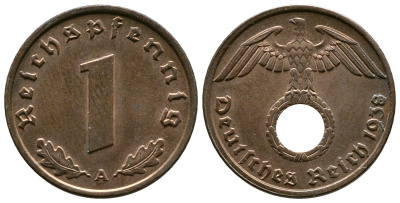Германия 1 рейхспфенниг 1938 A KM 89, J. 361 бронза    220-316