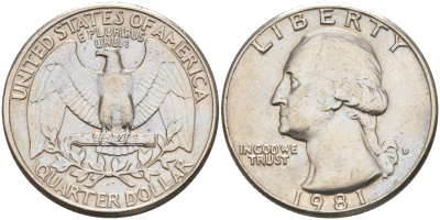 США 25 ЦЕНТОВ = КВОТЕР 1981 D, ВАШИНГТОН KM 164a медь плакированная медно-никелем 190-333