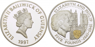 Гернси 5 фунтов 1997 Елизавета и Филипп, золотая свадьба KM 71a серебро PROOF 1077-9-31
