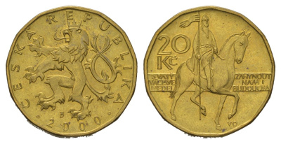 Чехия 20 крон 2000 чешский лев, герцог Вацлав на коне KM 5 сталь плакированная латунью aUNC 4622-423