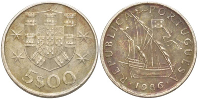 ПОРТУГАЛИЯ 5 ЭСКУДО 1986 ПАРУСНИК KM 591 медно-никель 4523-611