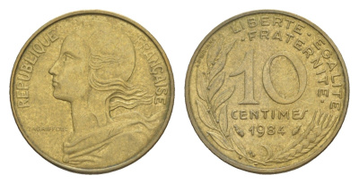 Франция 10 сантимов 1984 KM 929, Le Franc 144.24 алюминиевая бронза 4649-1227