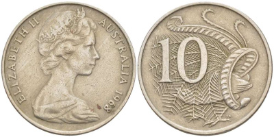 Австралия 10 центов 1968 Елизавета II (1952-), птица лирахвост KM 65 медно-никель 4521-214