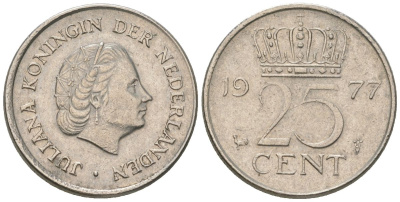 Нидерланды 25 центов 1977 Юлиана (1948-1980) KM 183 никель 4564-1253