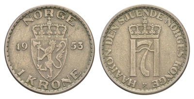Норвегия 1 крона 1953 Хокон VII (1905-1957) KM 397 медно-никель 4635-631