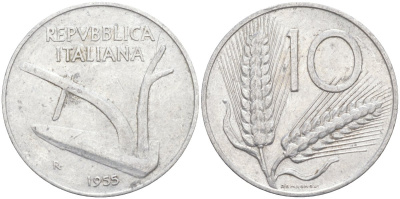 Италия 10 лир 1953 R, плуг, колосья KM 93 алюминий 4519-742