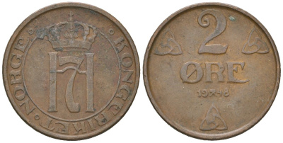 Норвегия 2 эре 1948 Хокон VII (1905-1957) KM 371 бронза 3955-165