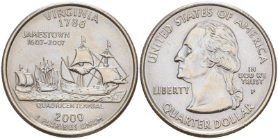 США 25 центов = квотер 2000 Р, серия штаты США, Вирджиния KM 309 медь плакированная медно-никелем 190-355