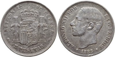 Испания 5 песет 1883 (83) MS-M, АЛЬФОНСО XII KM 688 серебро 02-224-31
