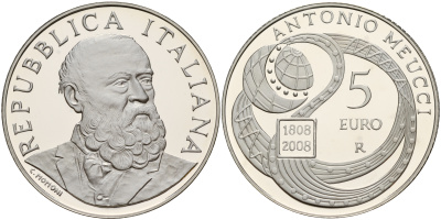 Италия 5 евро 2008 R, 200 лет Антонио Меуччи, в оригинальной коробке с сертификатом серебро PROOF 2-4-2-29