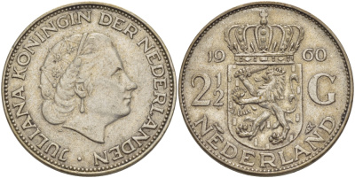 Нидерланды 2 1/2 гульдена 1960 Юлиана (1948-1980) KM 185 серебро 4683-512