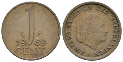 НИДЕРЛАНДЫ 1 ЦЕНТ 1969 ЮЛИАНА KM 180 бронза 61-1255