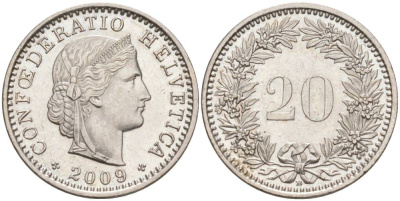 ШВЕЙЦАРИЯ 20 РАППЕНОВ 2009 В KM 29a медно-никель 55-1051