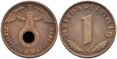 Германия 1 рейхспфенниг 1939 D KM 89, J. 361 бронза 4567-1067