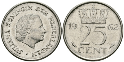 НИДЕРЛАНДЫ 25 ЦЕНТОВ 1962 ЮЛИАНА KM 183 никель 96-152