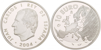 Испания 10 евро 2004 M, расширение Евросоюза, карта Европы KM 1099 серебро PROOF 11-241-25