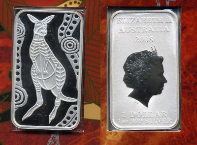Австралия 1 доллар 2008 кенгуру, аборигенский рисунок, прямоугольник, оригинальная упаковка серебро PROOF 7-5-6-38