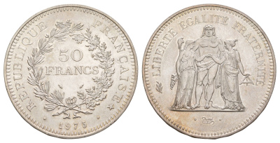 Франция 50 франков 1975 Геракл с богинями равенства и братства KM 941, Le Franc 427/3 серебро UNC 443-1645