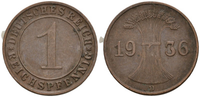 Германия 1 рейхспфенниг 1936 D KM 37, J. 313 бронза 4549-859