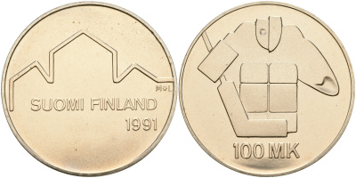 Финляндия 100 марок 1991 Чемпионат мира по хоккею KM 69 серебро UNC 1066-4-44