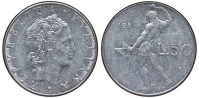 Италия 50 лир 1981 R, бог Вулкан у наковальни KM 95.1 нержавеющая сталь 4142-1143