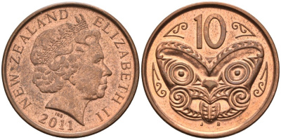 Новая Зеландия 10 центов 2011 маска Маори, Елизавета II (1952-) KM 117а сталь плакированная медью 202-622
