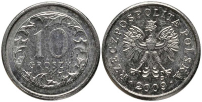 ПОЛЬША 10 ГРОШЕЙ 2009 MW KM 279 медно-никель 201-452